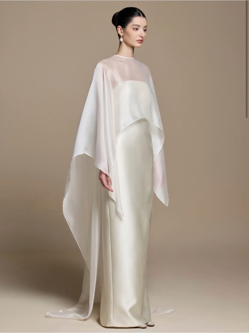 HUONG Boutique Charlotte Dress - Elegant White Silk Cape Overlay Evening Gown
